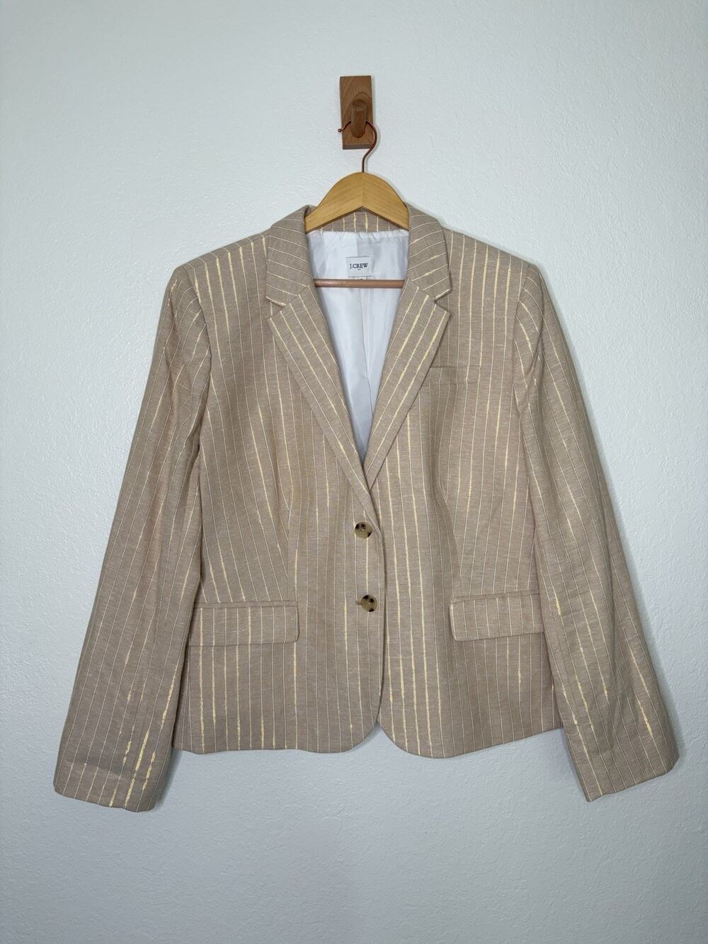 J. Crew Pinstripe Linen Blend Blazer Tan Metallic Stripes Size 18 Modern Preppy